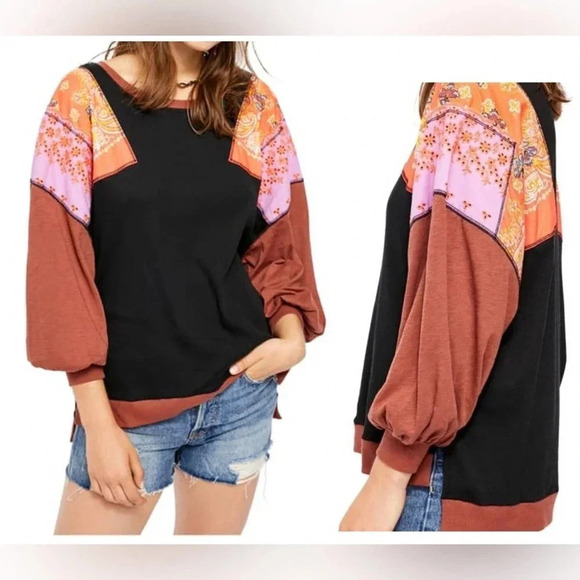 Free People Feelin In’ Balloon Sleeve Patch Shirt - Boho Patchwork Long-Sleeve - Picture 1 of 6